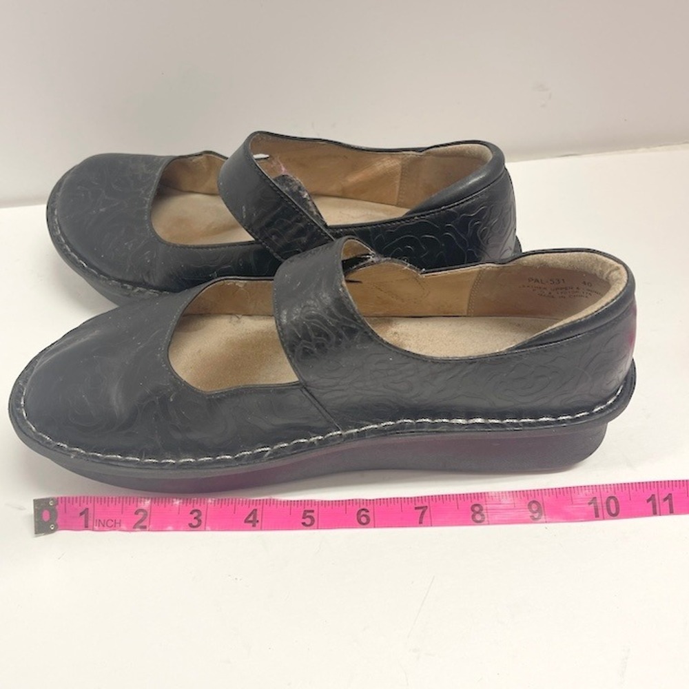 Allegria Mary Jane Shoes Black Embossed Leather Comfort Strap Size EU40 US9 - Picture 6 of 8